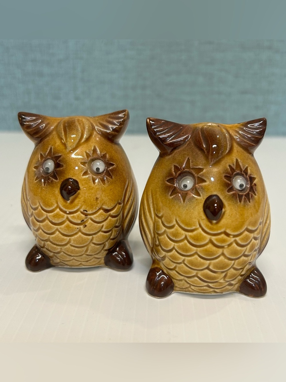 Vintage Ceramic Owl Salt and Pepper Shakers Googly Eyes Japan 1970s Kitsch